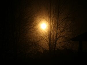 a foggy night with a street light in the distance