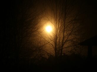 a foggy night with a street light in the distance